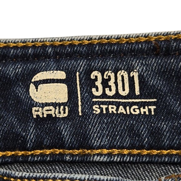 G Star 3301 Jeans Mens 32x32 Blue Straight Leg Raw Button Fly Dark Wash Stretch - Picture 12 of 16